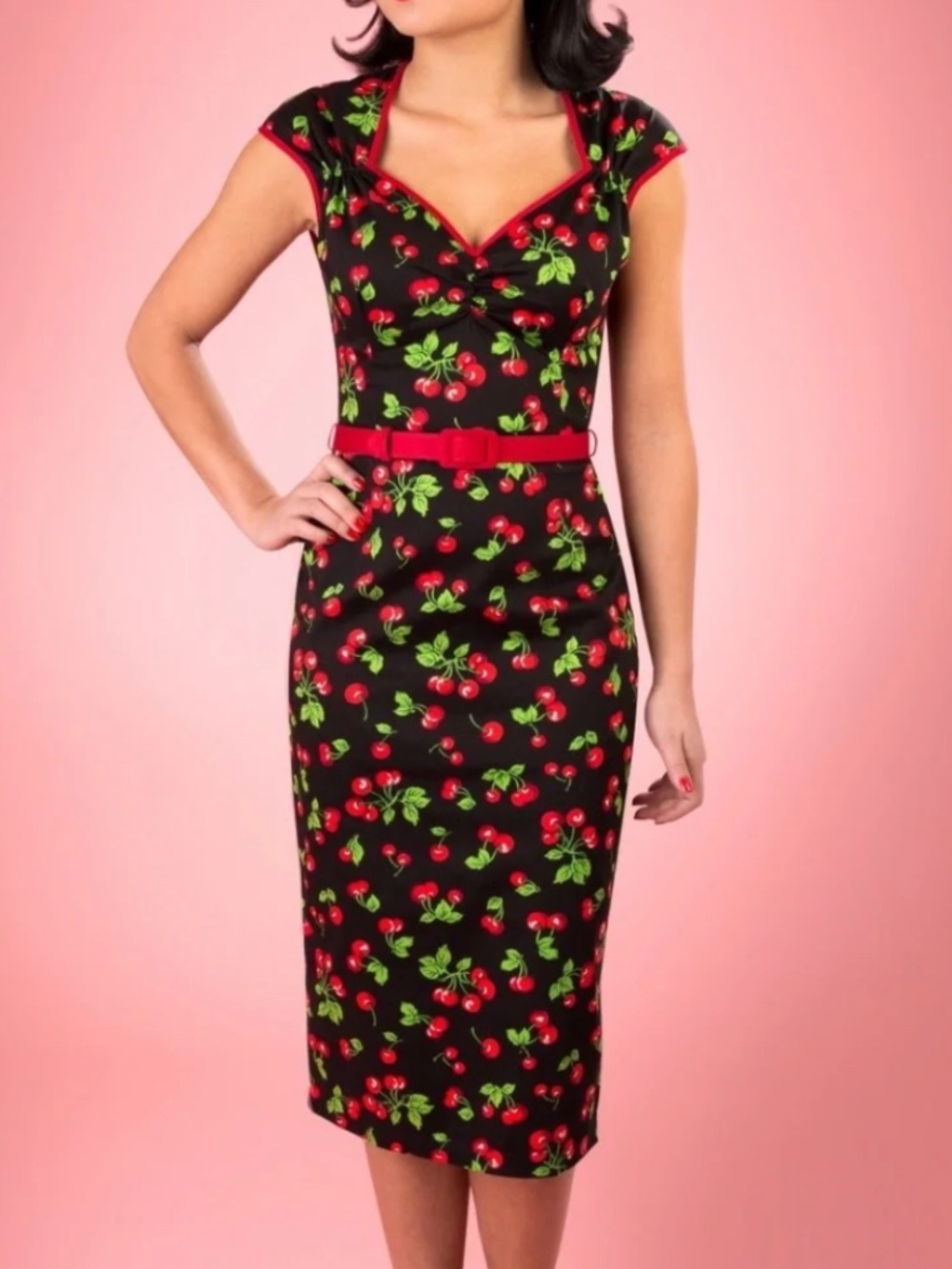 ROCKABILLY 50’S STYLE PINUP COUTURE NATASHA BLACK CHERRY PRINT WIGGLE DRESS